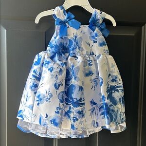 Bonnie Baby Floral Blue and White Dress with Bow Accents and Panties